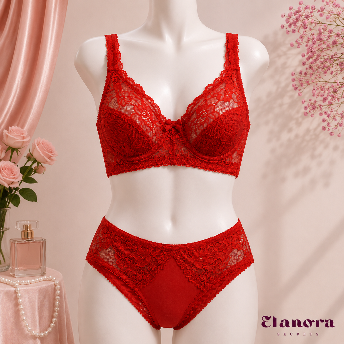 The Bella – Red Lace Fancy Bra Set for Women by Elanora Secrets